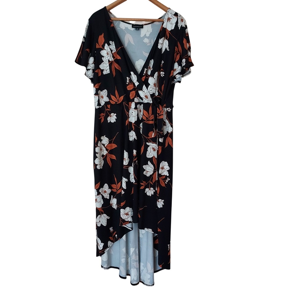 Fortune+Ivy 2X Black Rust Floral High Low Faux Wrap Dress Garden Stretch Flutter